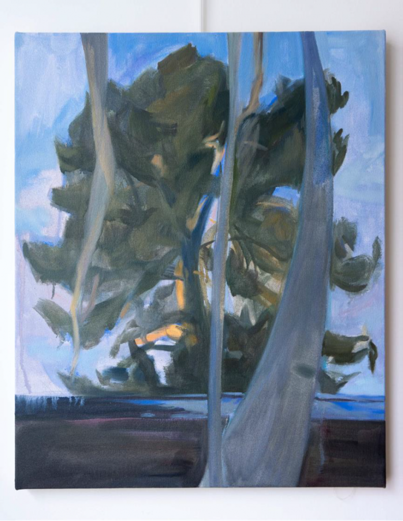 peinture représentant un arbre et un tronc au premier plan