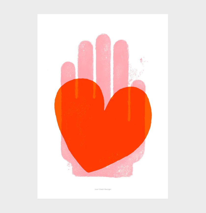 Illustration d'un cœur rouge sur une main rose 