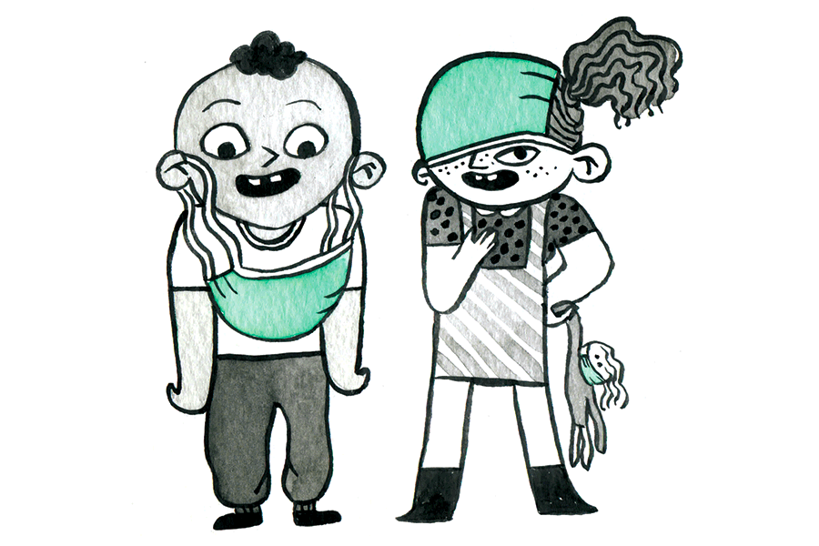 Une illustration de deux enfants masqués.