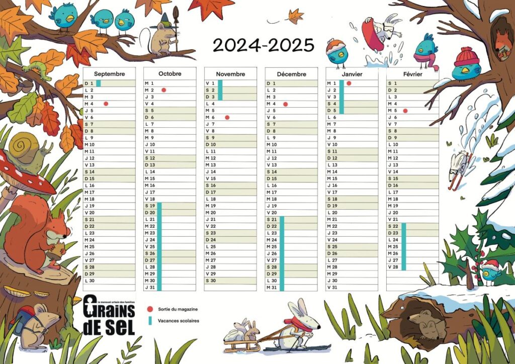 Calendrier Grains de Sel 2024-2025, de septembre à février, illustré par Nathan Dachelet—Dallaporta
