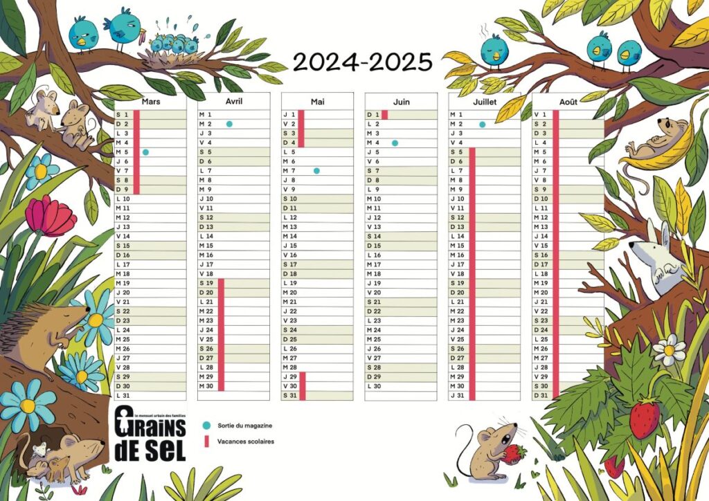 Calendrier Grains de Sel 2024-2025, de mars à août, illustré par Nathan Dachelet—Dallaporta
