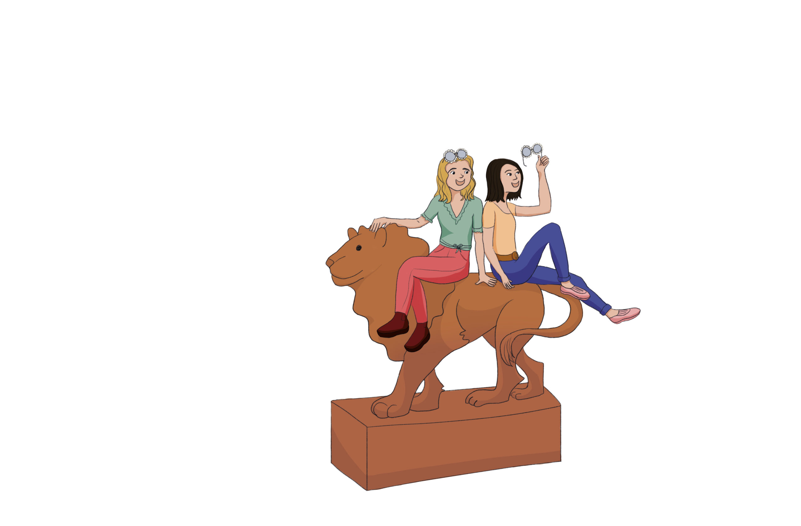 Illustrations de Virginie Sigaud et Loetitia Raguin assises sur un lion, par Mylène Higuero