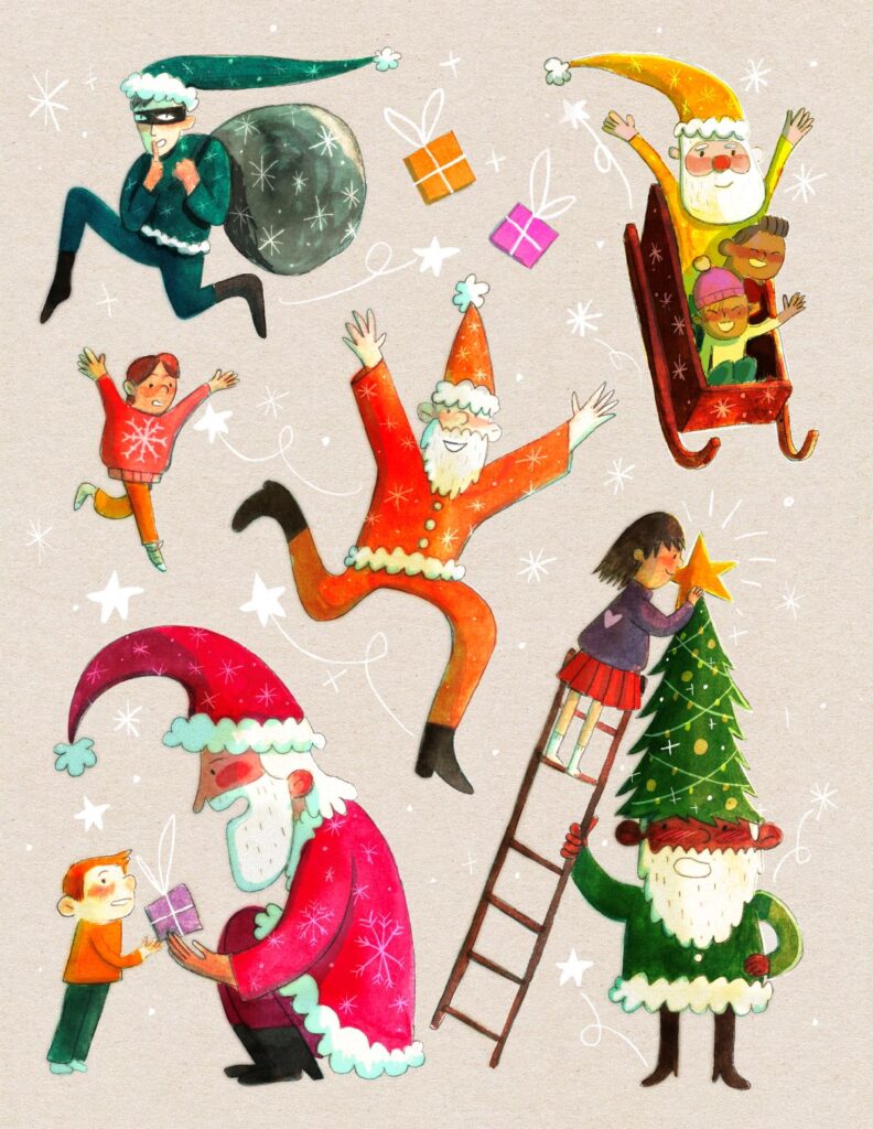 Illustration de différents Peres Noel et enfants, par Mathilda Abou Samra 