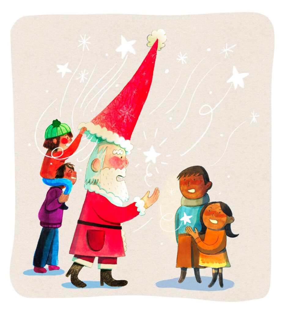 Illustration Père Noel et enfants qui regardent sous son bonnet, par Mathilda Abou Samra