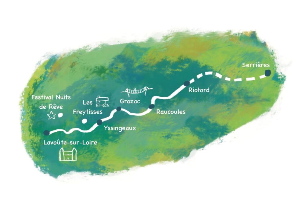 Carte illustrée du parcours de la Via Fluvia en Haute-Loire par Nathan Dachelet-Dallaporta