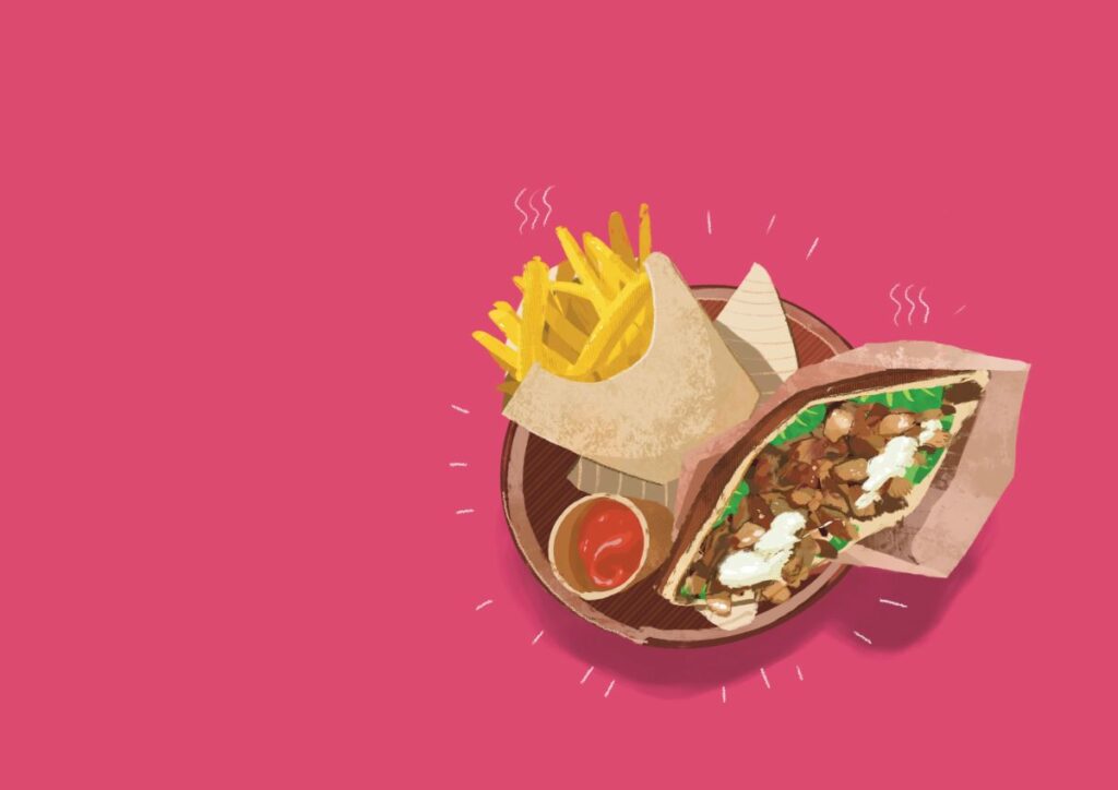 Illustration de kebab et frites de Frau, Lyon 1er, par Nathan Dachelet--Dallaporta
