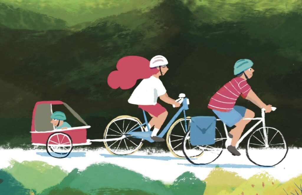 illustration d'une famille à vélo par Nathan Dachelet--Dallaporta