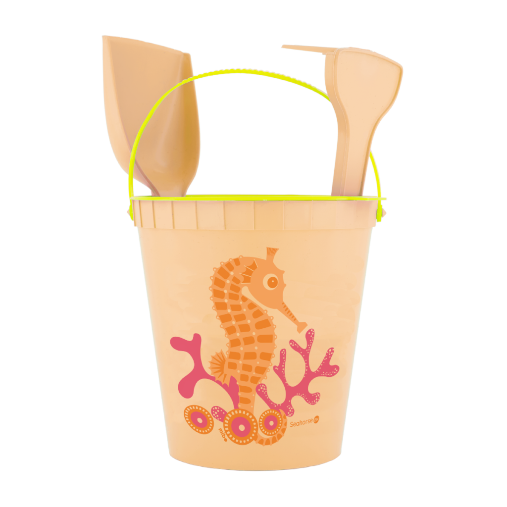 Kit seau, pelle, râteau en algues recyclées, imprimé hippocampe